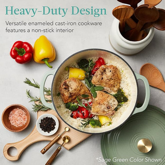 Best Choice Products 6 Quart Enamel Cast-Iron Round Dutch Oven, Family Style Heavy-Duty Pre-Seasoned Cookware for Home, Kitchen, Dining Room, Oven Safe w/Lid, Dual Handles - Lemon Meringue