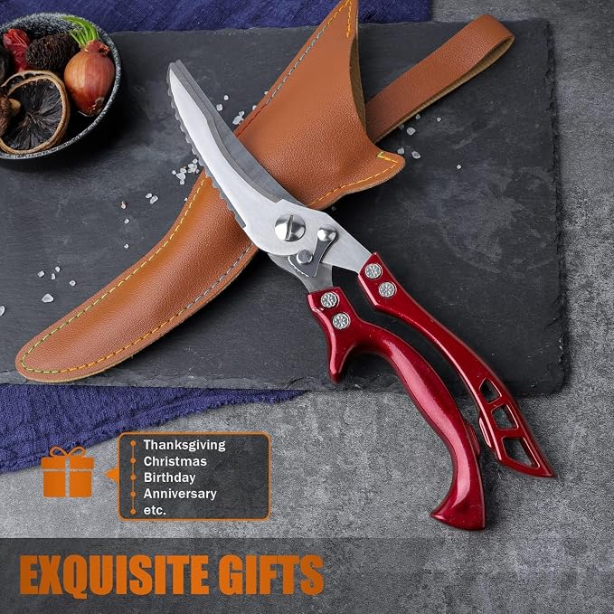 Poultry Shears Red - Heavy Duty Stainless Steel Kitchen Shears | Serrated Edge, Spring Loaded Rust Resistant, Multipurpose for Chicken Turkey Fish, Gift for Men Women