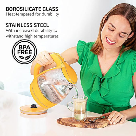 OVENTE Electric Kettle, 1.5L Borosilicate Glass Countertop Water Heater and Boiler for Coffee or Tea, BPA-Free, Auto Shut-Off, Boil-Dry Protection, Removable and Washable Spout Filter, Orange KG83O