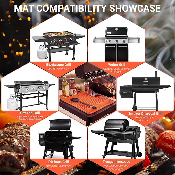 Heat Resistant Silicone Grill Mat for Blackstone - 2Pack 16x11.5'' Non-Slip BBQ Tool Mat, Outdoor Cooking Camping & Tailgating, for Men Grillingļ¼Orangeļ¼