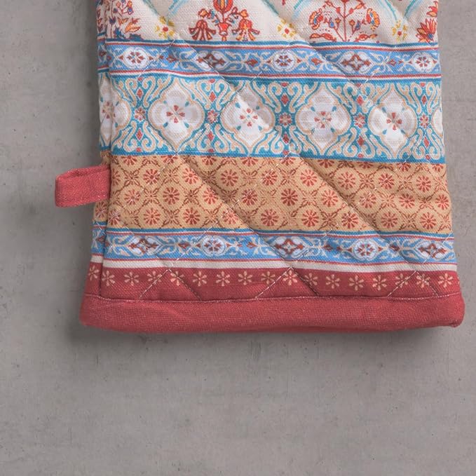 Maison d' Hermine 100% Cotton Oven Mitt & Pot Holder Set (7.5"x13" & 8"x8") | Heat Resistant BBQ Cooking Gloves with Loop Baking Grilling Kitchen Hotel Home Farmhouse Thanksgiving Christmas - Romane