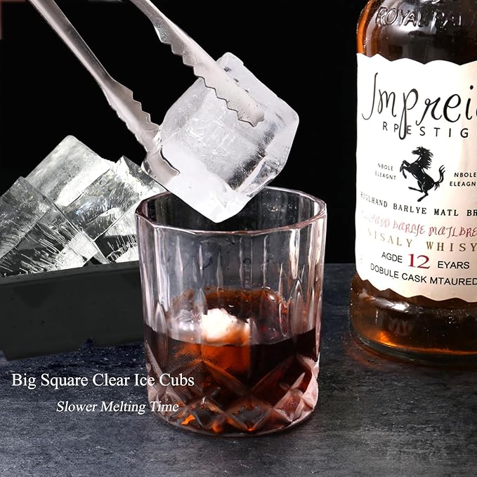 Bangp Crystal Clear Ice Cube Maker with Reusable Ice Storage Bag | Clear Ice Cube Mold with Lid Makes 8 Large 2" Square Pure Ice Cubes for Whiskey,Cocktails & Drinks,Whiskey Gifts for Men