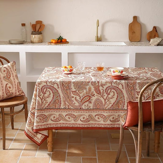 ISAENNE Designer French Red Extra Long Tablecloth Rectangle,Linen Table Cloth with Cashew Pattern,Stain Proof Decor Tablecloths for Dining Thanksgiving Kitchen Christmas,63"*110"-Chauffrey D