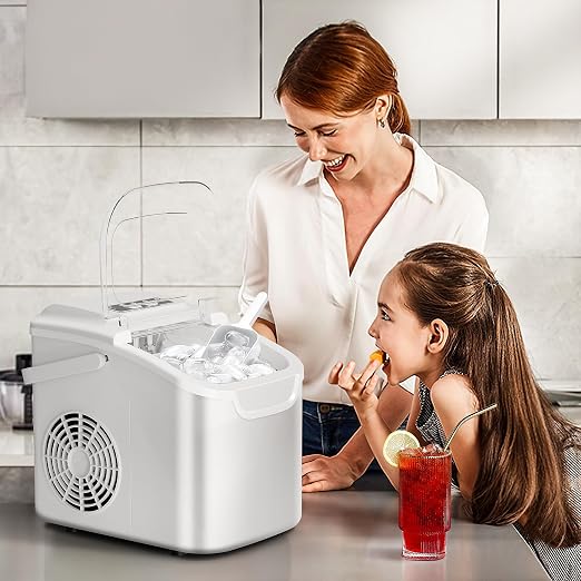 Crzoe Ice Makers Countertop with Handle, 2 Sizes of Ice, 8 Bullet Ice Cubes in 6 Mins, 26Lbs/24H, Portable Ice Maker with Self-Cleaning, Ice Machine for Home&Kitchen&Office&Party(White)