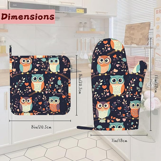 Cute Owl Heat-Resistant Silicone Oven Mitts and Pot Holders 4 Piece Set,Extra Long Non-Slip Kitchen Oven Gloves for Cooking, Baking, BBQ,Grilling