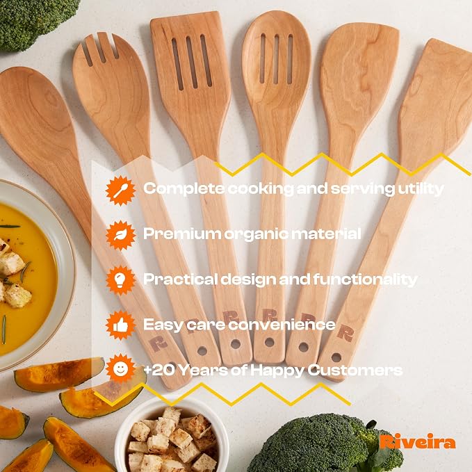 Riveira Cherry Wooden Spoons for Cooking Set of 6 – Natural Cherry Wooden Cooking Utensils, Wooden Spatula, Wooden Spoon - Premium Quality Utensil Set for Non-Toxic Cooking