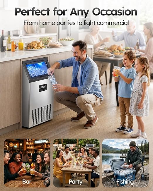 Commercial Ice Maker Machine, 200 lbs/24H with 50 lbs Storage Bin, 55 Clear Ice Cubes/Cycle, ETL Approval Stainless Steel Undercounter Ice Machine with Self-Cleaning & Water Filter for Home, Bar