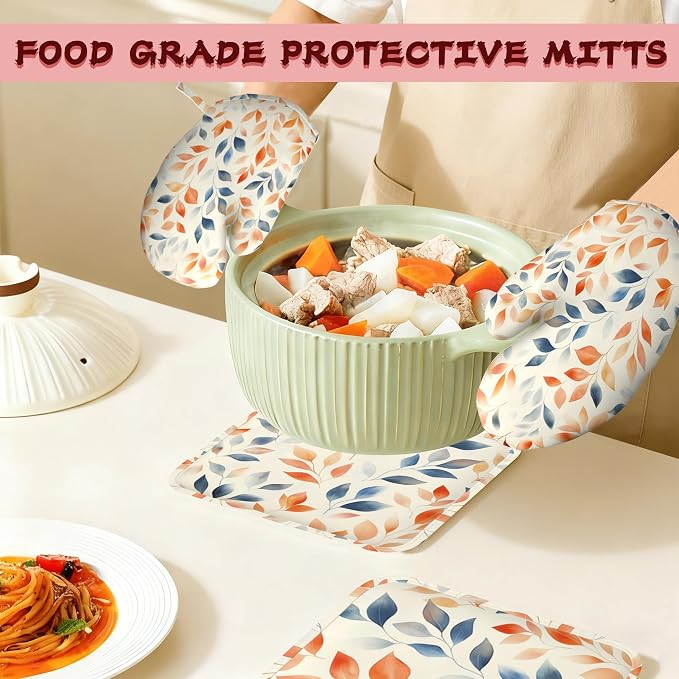 Autumn Leaves Heat-Resistant Silicone Oven Mitts and Pot Holder 4 Piece Set,Non-Slip Kitchen Oven Gloves for Baking, BBQ, Cooking,Grilling