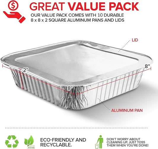 8x8 Foil Pans with Lids (10 Pack) 8 Inch Square Aluminum Pans with Covers - Foil Pans and Foil Lids - Disposable Food Containers Great for Baking Cake, Cooking, Heating, Storing, Prepping Food