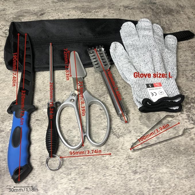 Fishing Knife Set, Fish Cleaning Kit, Filet Knife for Fish, Fish Scale Cleaning Brush, Multi-Functional Scissors, Gloves, Fishbone Tweezers, Storage Bag,Fishing Accessories,Fishing Tool Kit