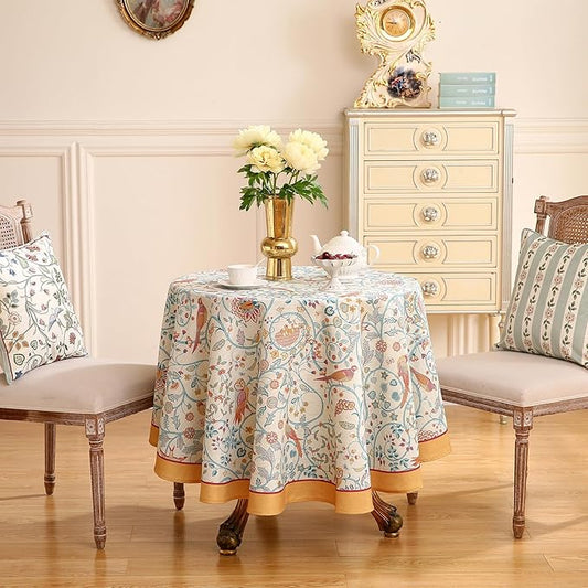 patdrea Designer Vintage Tablecloth for Round Table,Yellow Linen Floral Birds Tablecloths,Decorative Table Cover for Kitchen Dining Holiday Banquet,Christmas,Thanksgiving,Diameter 55"-Magnolia
