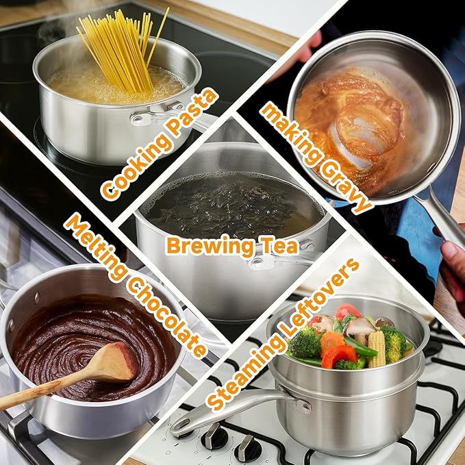 1.5 Quart Stainless Steel Saucepan with Steamer Basket, 18/10 Tri-ply Construction, Versatile Sauce Pan with glass Lid - Perfect for Cooking Gravies. Pasta, Vegetable and More