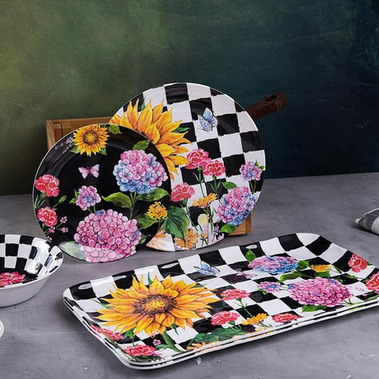 LEHAHA Rectangular Melamine Sunflower Serving Tray, 2-Piece Hydrangea Serving Platter Set, 17.5" x 10" Colorful Trays/Platters Sets for Outdoor and Indoor Dining and Entertaining Parties,Black Plaid