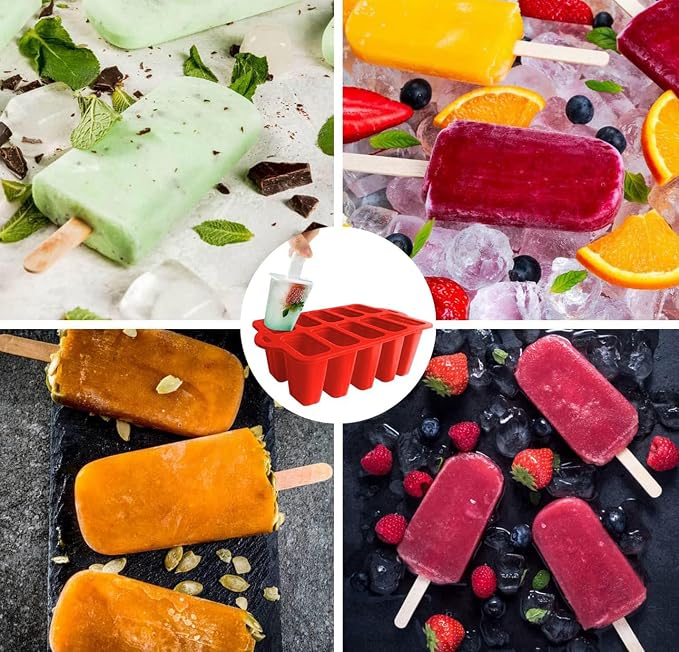 Easy Release Popsicles Molds, 10-Cavity Silicone Popsicle Molds with Sticks, Popsicle Maker Mold Set, BPA Free Homemade Ice Pop Mold for Kids, Toddlers, Adults