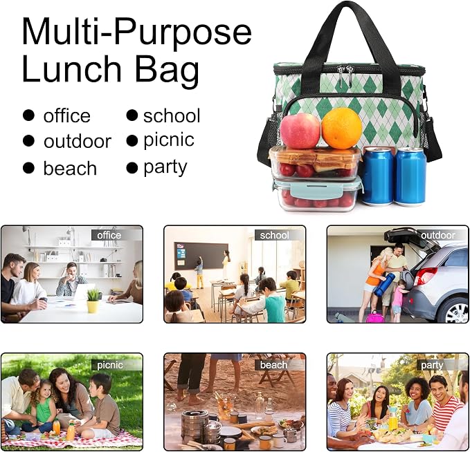 Lunch Bags for Women/Men, Insulated Lunch Bag for Work Office - Lunch Cooler Bag Leakproof Lunch Box with Adjustable Shoulder Strap - Green plaid