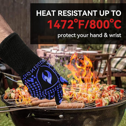 BBQ & Grill Gloves, Oven Gloves, 1472°F Silicone Oven Mitts Heat Resistant Grilling Gloves Fireproof Non-Slip for Barbecue Cooking Baking Smoking, 1-Pair (Blue, Large)