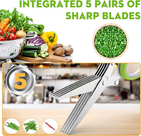 Herb Scissors Set - Updated 2025 Cool Kitchen Gadgets for Cutting Fresh Garden Herbs - Herb Cutter Shears with 5 Blades and Cover, Sharp and Anti-rust Stainless Steel, Dishwasher Safe (Green-White)