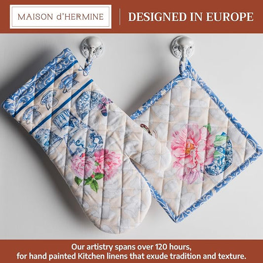Maison d' Hermine 100% Cotton Oven Mitt & Pot Holder Set (7.5"x13" & 8"x8") | Heat Resistant BBQ Cooking Gloves with Loop Baking Grilling Kitchen Hotel Home Farmhouse Spring Summer - Canton
