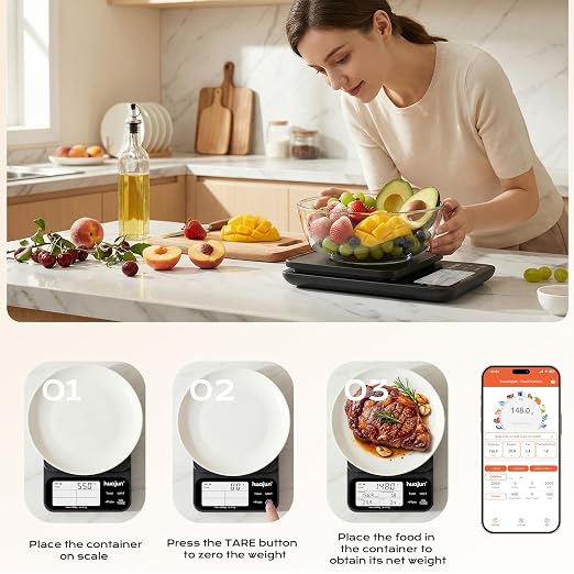 Smart Food Scale with Bluetooth Nutrition Calculator, 0.1g High Precision Digital Kitchen Scale Track 30 Nutrients Calorie Macro, Custom Diet Goals, Barcode Scan 11lb for Meal Prep Weight Loss Keto