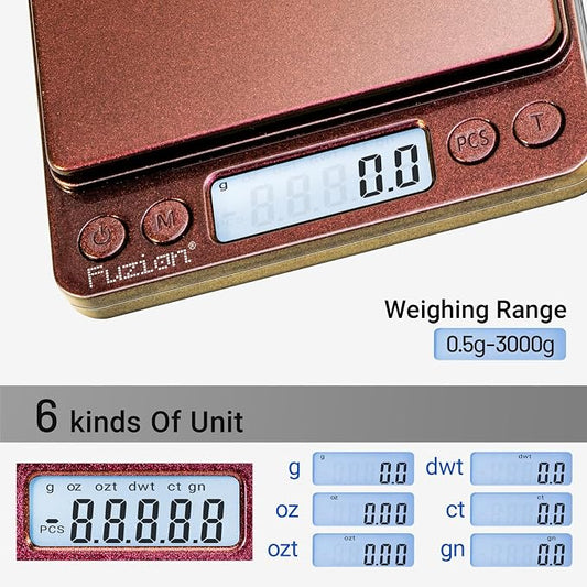 Fuzion Small Gram Scale 3000g, Digital Kitchen Food Scale, Gram and Ounce | Ombré, 0.1g Accuracy, 6 Modes, 2 Trays Included, Tare, Piece Counting, For Food, Coffee, Cooking, Herb, Reptiles, Coins