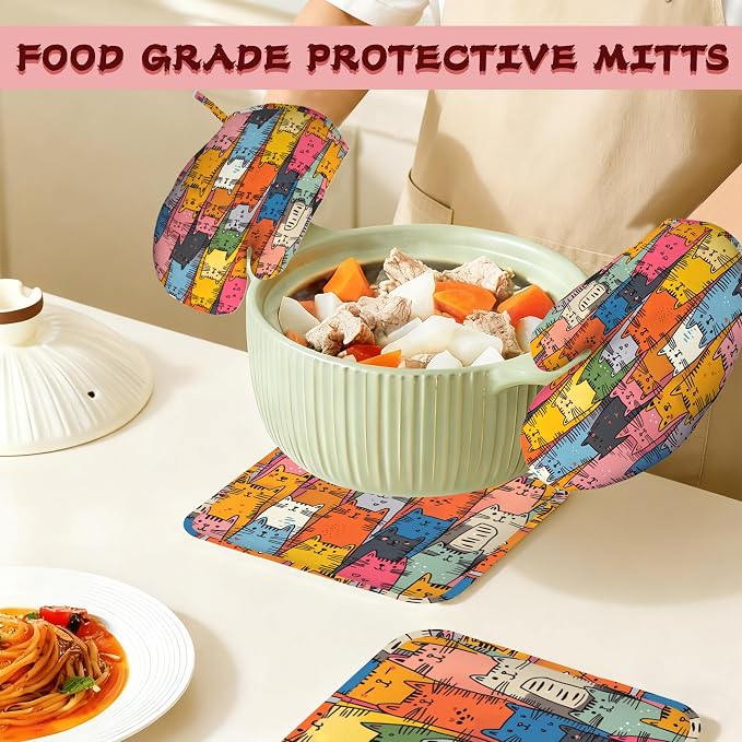 Funny Cat Oven Mitts and Pot Holders 4 Piece Set,Heat-Resistant Silicone Extra Long Non-Slip Kitchen Oven Gloves for Cooking, Baking, BBQ,Grilling