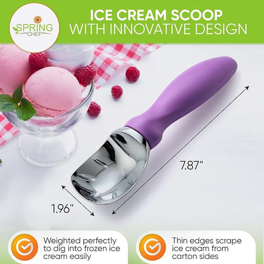 Spring Chef Metal Ice Cream Scoop with Comfortable Handle, Heavy Duty Sturdy Ice Cream Scooper Spoon for Cookie Dough, Frozen Yogurt, Gelato, Sorbet, Sundae, Melon - Dishwasher Safe - Orchid