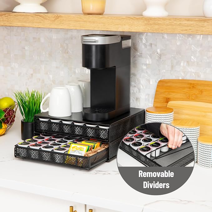 Mind Reader 2 Drawer Coffee Pod Organizer with Removable Dividers, 72 Pod Capacity, Metal Mesh Coffee Station Base with Guided Drawer Track, Black