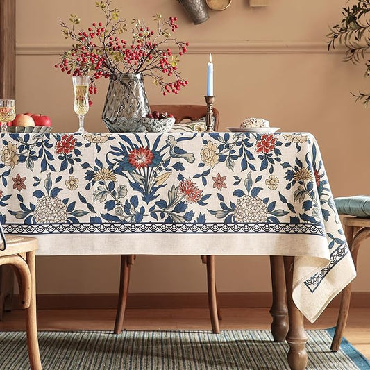 patdrea Designer Blue Tablecloth for Rectangle Table,Vintage Linen Leaves and Floral Pattern Extra Long Tablecloths,Farmhouse Decor Cover for Kitchen Dining Christmas,Thanksgiving,63"x110"-Ivar a