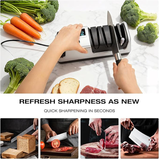 Silver Professional 3-Stage Electric Knife Sharpener for Kitchen Knives, LCD Screen, 100% Diamond Abrasive, Adjustable Rotational Speed, Precision Angle Guides for All Kitchen Knives