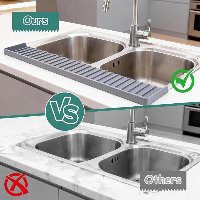 Silicone Sink Edge Protector Splash Guard, 20x4 Inch with Suction Cups & 5°Tilt, Cuttable for Kitchen Bathroom Countertops, Granite Quartz Surfaces (Gray)