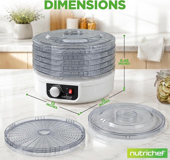 NutriChef Electric Countertop Food Dehydrator - Multi-Tier High-Heat Circulation Professional Food Preserver, Fruit, Vegetable Dryer, Meat or Beef Jerky Maker w/ 5 Stackable Trays - AZPKFD12