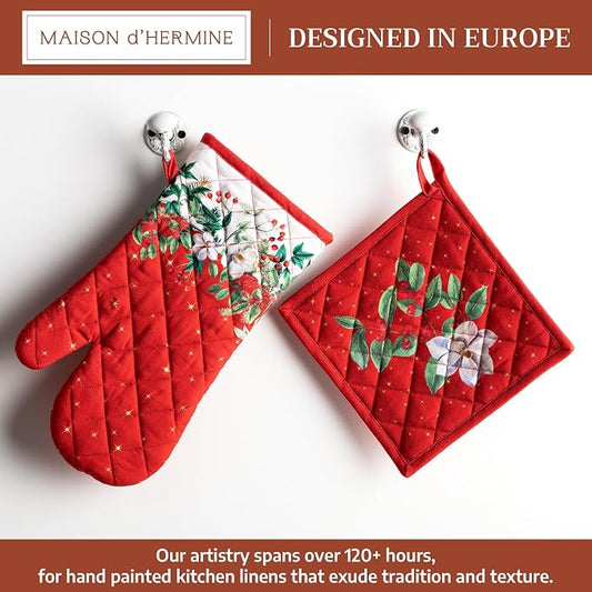 Maison d' Hermine 100% Cotton Oven Mitt & Pot Holder Set (7.5"x13" & 8"x8") | Heat Resistant BBQ Cooking Gloves with Loop Baking Grilling Kitchen Hotel Home Farmhouse Thanksgiving Christmas - Noel