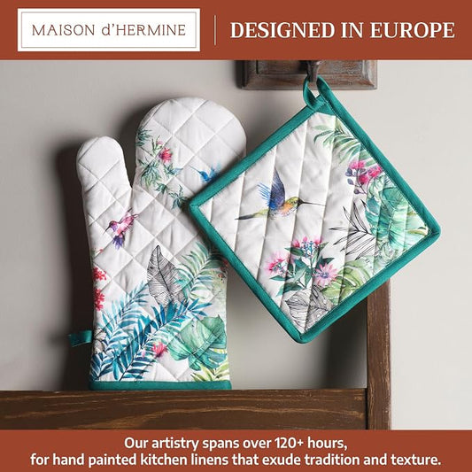 Maison d' Hermine 100% Cotton Oven Mitt & Pot Holder Set (7.5"x13" & 8"x8") | Heat Resistant BBQ Cooking Gloves with Loop Baking Grilling Kitchen Hotel Home Farmhouse Spring Summer - Tropiques