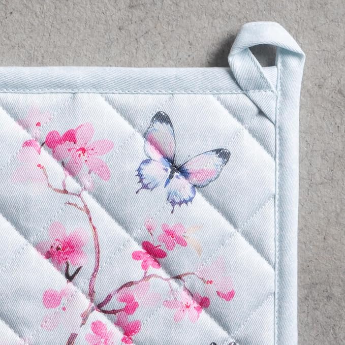 Maison d' Hermine Pot Holders 100% Cotton Potholders (8" x 8", Pack of 2) | Heat Resistant Hot Pads with Loop BBQ Cooking Baking Farmhouse Kitchen Handling Hot Pans Spring Summer - Blossoms in Spring
