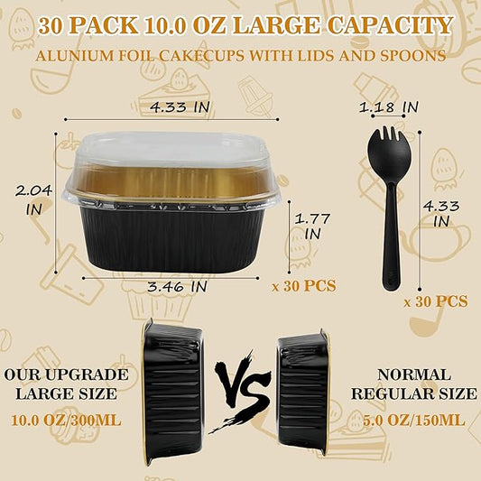 Foil Baking Cups, 30pcs 10oz Mini Cake Pans With Lids Cake Cups Aluminum Pans Disposable Ramekins With Lids Mini Cake Pans, Black Gold, HG01AP300BKX30