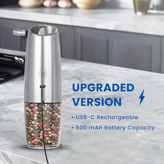UNNEES Rechargeable Electric Salt and Pepper Grinder, gravity electric salt and pepper grinder, Adjustable Roughness, LED Light, 1 Pack, (Silver)