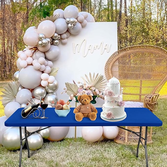 6 Pack Stretch Fabric Table Top Cap Cover, fits 8' Tables, Spandex Table Covers Washable Elastic Rectangle Tablecloth Protector for Indoor Outdoor Party Picnic Wedding, Royal Blue, 30" W x 96" L