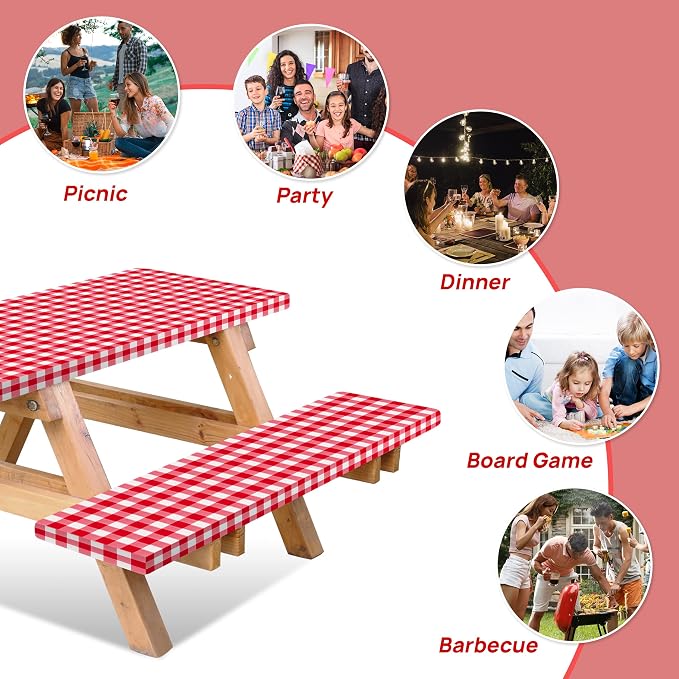 Vinyl Fitted Picnic Table Cover with Bench Covers & Bag 6ft Red Checkered | Vinyl Fitted Picnic Table Cover with Bench Covers and Bag, Outdoor Waterproof Windproof Picnic Tablecloth with Elastic Edges.