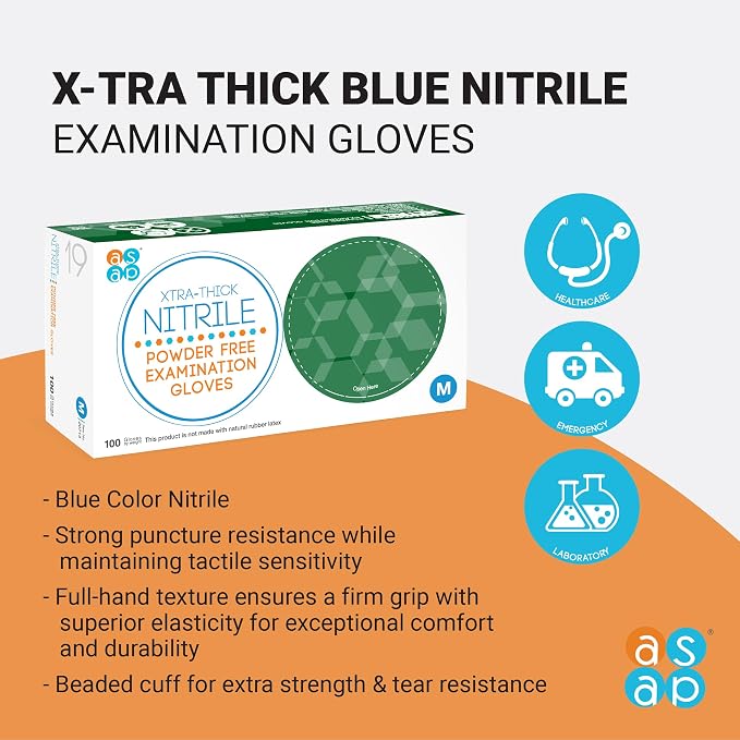 ASAP Nitrile Gloves Disposable Latex Free - 4 Mil Powder Free, Food Safe, Kitchen & Medical - Cleaning & Tattoo Supplies