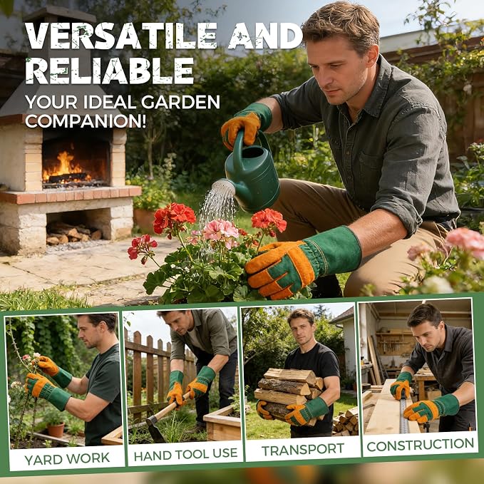 Hovico Gardening Gloves, Rose Pruning Gloves for Men & Women, Breathable Cowhide Leather Gauntlet, Best Garden Gifts & Tools for Gardener