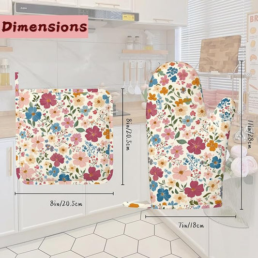 Wildflowers Floral Meadow Oven Mitts and Pot Holders (4PCS),Heat Resistant Non-Slip Silicone Kitchen Gloves for Cooking, Baking, BBQ Waterproof Kitchen Accessories