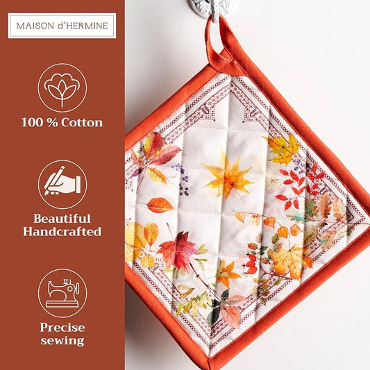 Maison d' Hermine Pot Holders 100% Cotton Potholders (8" x 8", Pack of 1) | Heat Resistant Hot Pads with Loop BBQ Cooking Baking Hotel Kitchen Handling Hot Pans Thanksgiving Christmas - Amarante