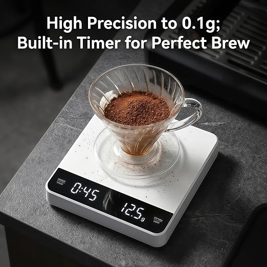 Partyreal Digital Kitchen Coffee Scale,Slim Scale with Tare, g/oz/ml Units, Backlit Display, USB-C Rechargeable (Cable Included) + AAA Backup Power White