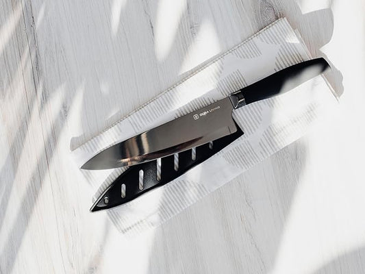 DURA LIVING Chef Knife, 8 Inch Nonstick Titanium Plated Stainless Steel Ultra Sharp Blade, With Ergonomic Comfort Grip Handle Chef's Cooking Knife, With Matching Sheath