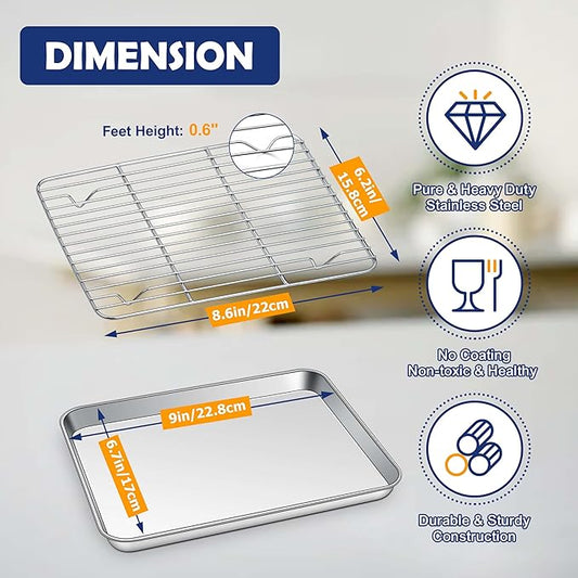 9 Inch Baking Sheet Pan with Rack Set, Joyfair Stainless Steel Toaster Oven Pans Tray & Cooling Racks for Cookie/Jelly Roll/Bacon/Meat, Commercial Metal & Rust-free, Dishwasher Safe