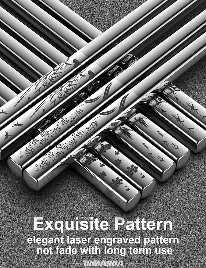 TINMARDA Metal Chopsticks Reusable 5 Pairs 18/8 Stainless Steel Chopstick Beautiful Engraving Patterns Dishwasher Safe Non-Slip Japanese Korean Chop Sticks Present Set