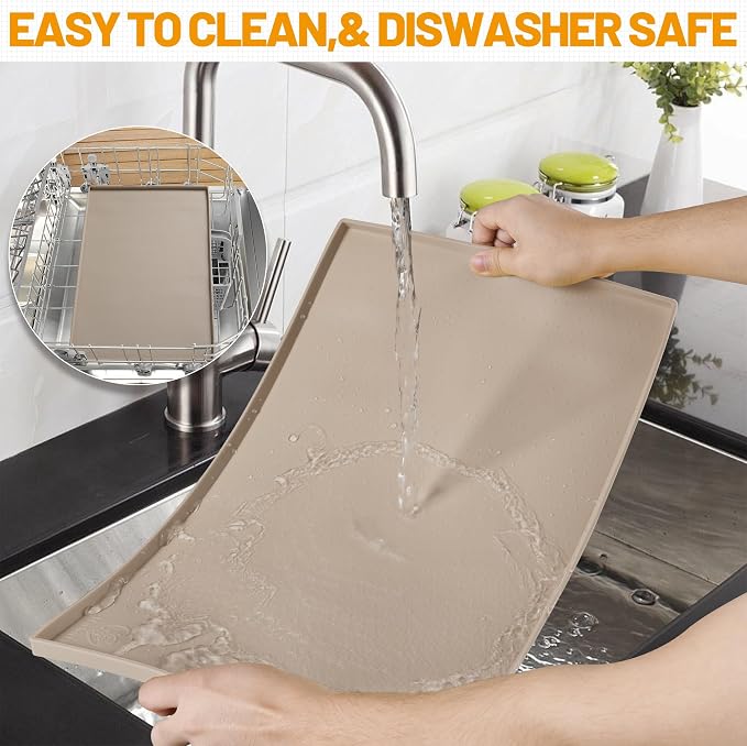 Hubulk Dog Feeding Mat,100% Waterproof Food Grade Silicone Pet Food and Water Bowl Placemat,Dishwasher, High Raised Edge to Prevent Spills,Nonslip Tray to Stop Messes on Floor(28"x18"x0.8", Taupe)