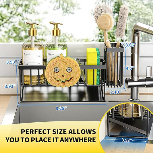 Cisily Kitchen Sink Caddy Organzier with High Brush Holder, Sponge Holder for Sink, 304 Rustproof Stainless, Kitchen Countertop Soap Dispenser Organizer (Black With Smiley Face Holder, 9.25″)