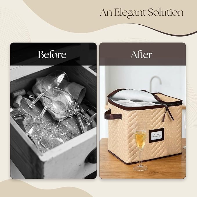 Wine Glass Storage Box with Dividers, Holds 12 Champagne Flute 3" Wide | 2 Pack, Stemware Storage Case, Protects Fine China, Durable Quilted Microfiber, Carry Handles, Ideal for Champagne Flute