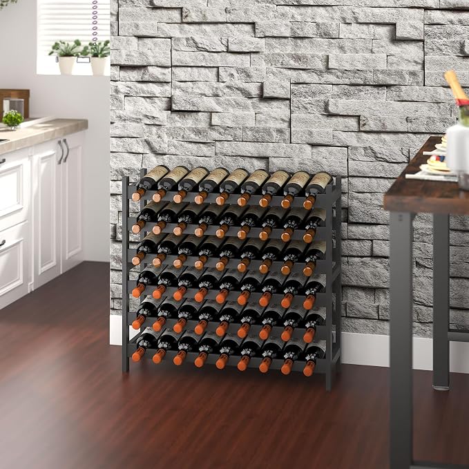 Bamboo Large Wine Rack, 6-Tier Freestanding Floor Bottle Storage Holder | 54-Bottle Storage | Wooden Wine Storage Organizer Shelves for Kitchen Bar, Cellar, & Dining Room | Black | Anti-Tip Kit